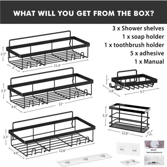 5 Pack Shower Caddy Shelf Organizers Rack, Self Adhesive Black Bathroom Storage - Picture 3 of 8